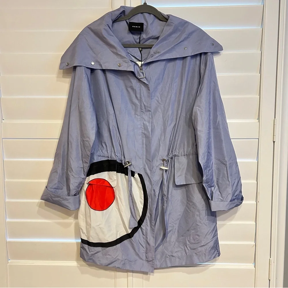 Akris-Valdemar Wink Print Taffeta Parka Jacket Periwinkle Blue Multi Size 12 - Picture 3 of 9